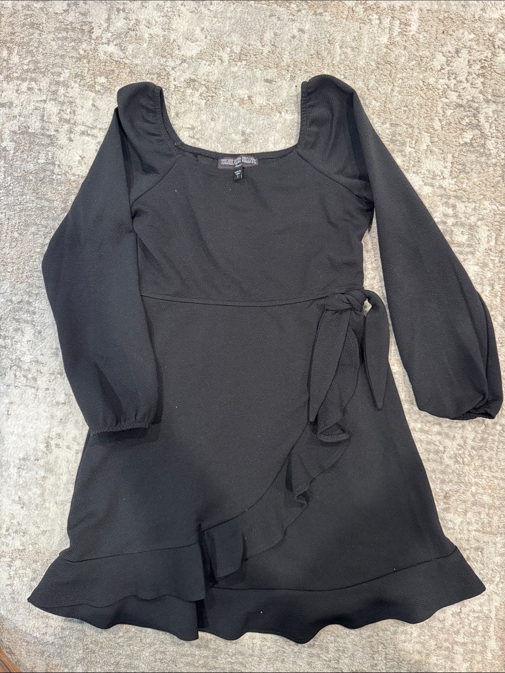 Three Hearts Black Long-Sleeve Wrap Ruffle Mini Dress